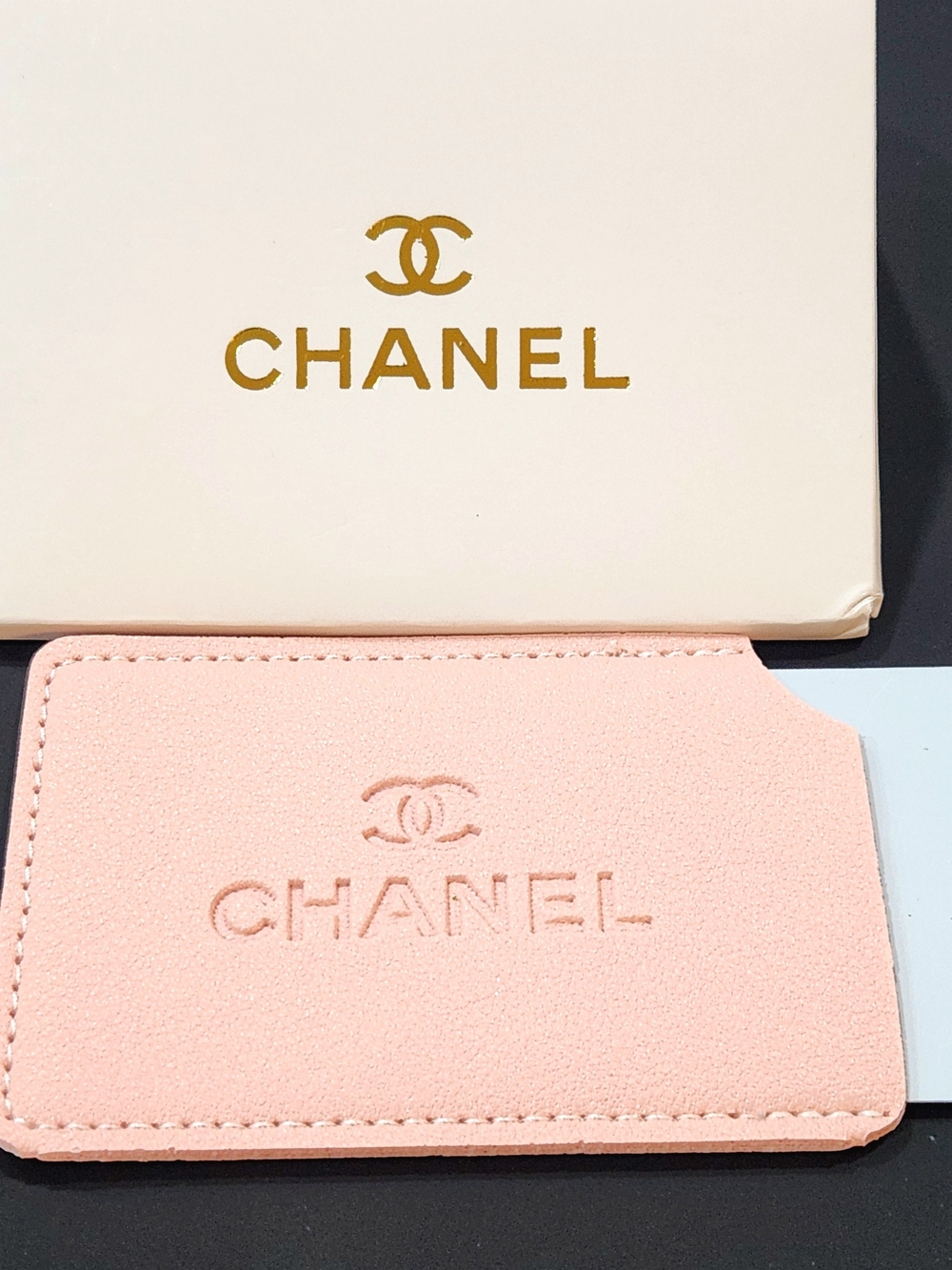 CHANEL Light Pink Embossed Leather Card Holder And Mirror